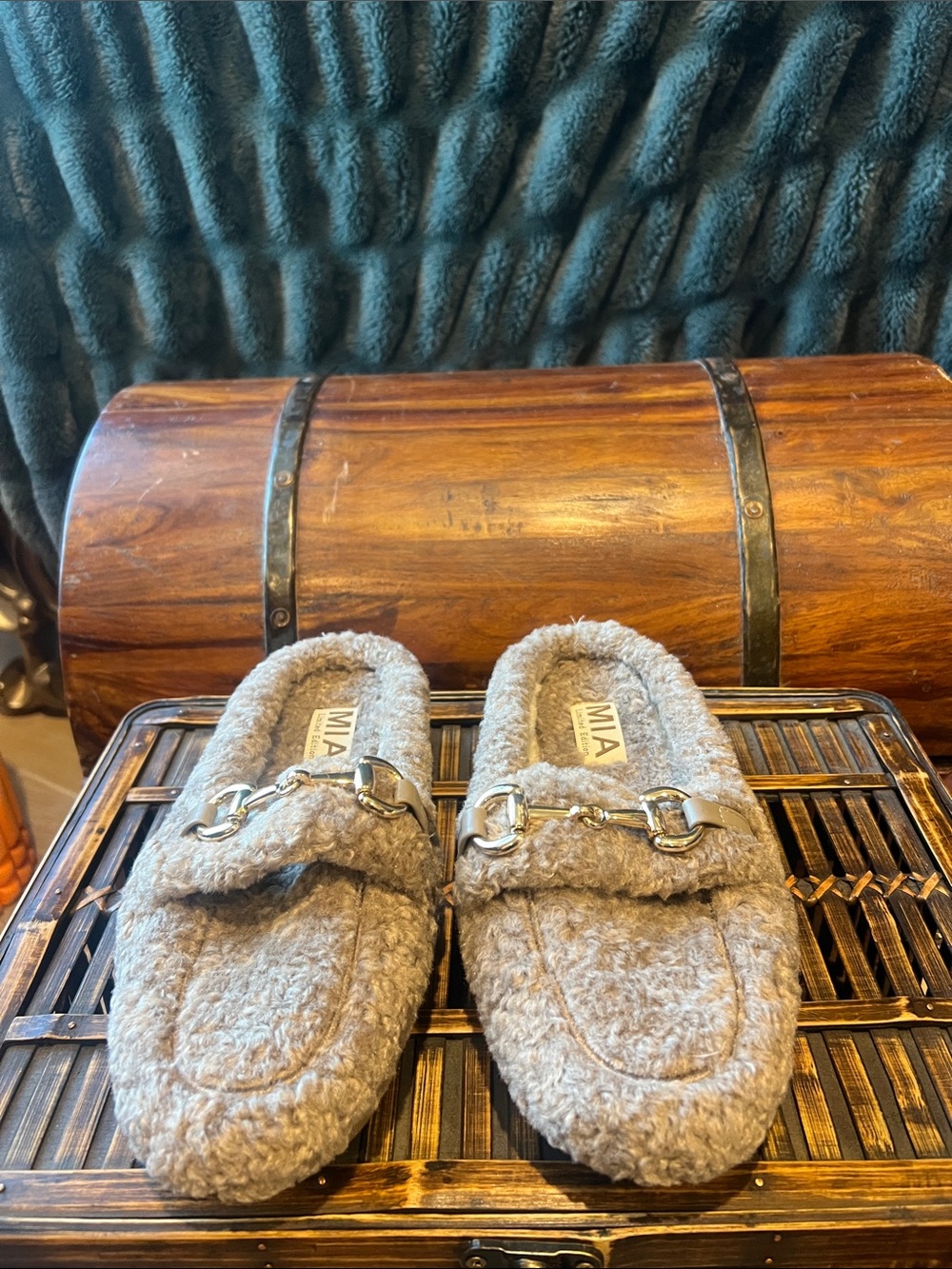 MIA Plush Shearling Bit Loafer Mules in Taupe